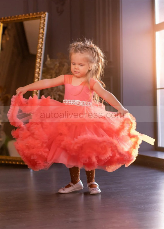 Coral Tulle Ruffle Flower Girl Dress Birthday Dress